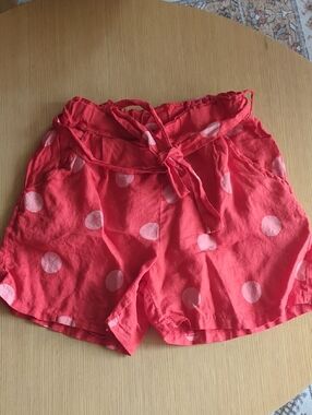 High-Waist Coral Polka Dot Tie-Belt Shorts